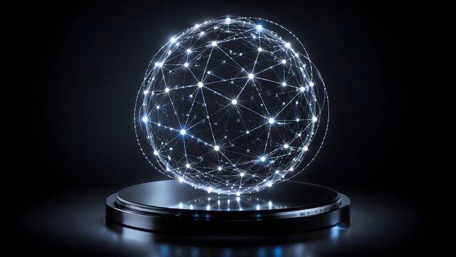 Glowing digital network sphere on a pedestal in a dark studio, conceptualizing global connectivity, blockchain technology, artificial intelligence, and futuristic data communication networks