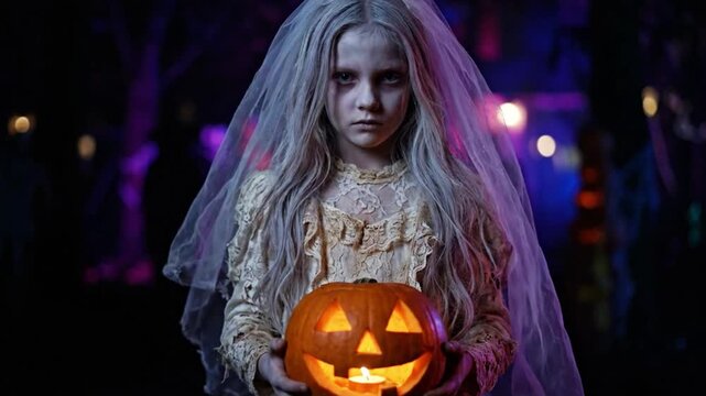 Little girl in ghost bride costume holding a glowing carved pumpkin for Halloween night.