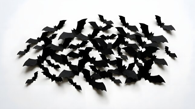 A chaotic swarm of black bats taking flight against a stark white background