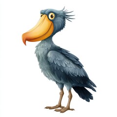 Obraz premium Cartoon Illustration Of A Shoebill Stork With Grey Feathers And A Large Yellow Beak On White Back