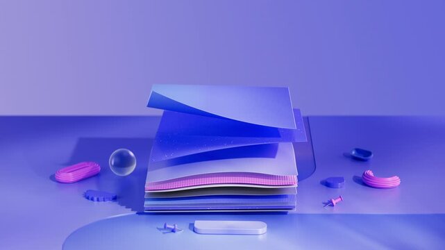 Abstract stack of colorful flexible sheets lifts and separates in sequence among geometric objects under blue and pink lighting.
