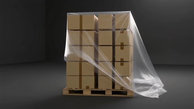Wooden Pallet Stacked with Cardboard Cargo Boxes Wrapped in Protective Plastic Shrink Film for Warehouse Logistics and Secure Freight Shipping