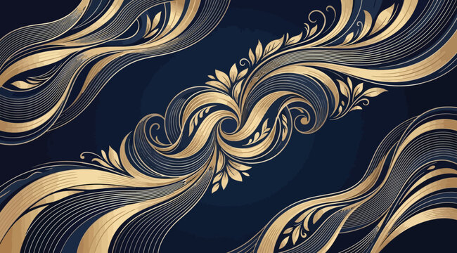 Elegant golden and silver floral swirl pattern on dark blue background, luxury ornamental design, symmetrical art