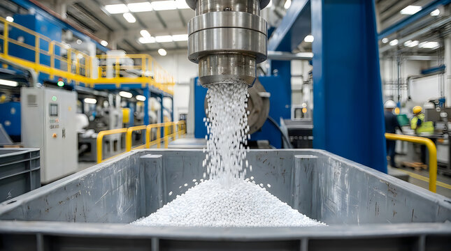 Plastic pellets pouring from machine, manufacturing plant production line, factory automation with blue equipment and yellow railings, industrial polymer processing