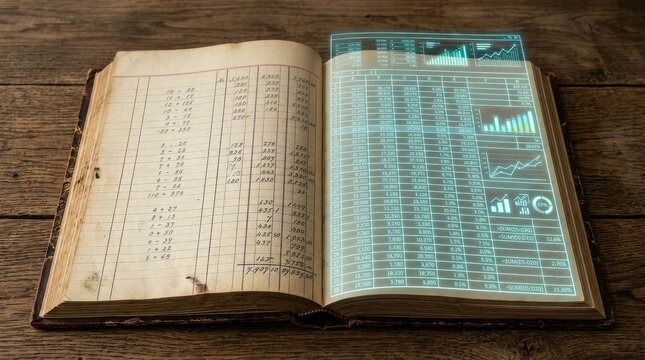 Old paper ledger book transforming into modern digital spreadsheet