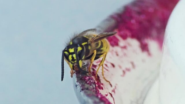 Extreme macro of a wasp feeding on sweet purple berry jam on a pot rim