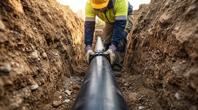 Construction worker installing a large utility pipe in a deep trench, representing underground infrastructure, pipeline construction, utility work and engineering