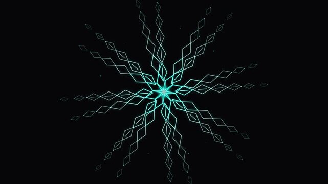 Digital Glowing Cyan Geometric Snowflake Pattern Rotating on Black Background
