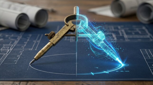 Drafting Compass on Blueprint Merging Traditional and Digital Engineering Design
