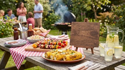 Obraz premium Backyard barbecue table featuring grilled corn, kebabs, lemonade, and blank wooden easel sign with family in background