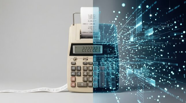 Vintage Calculator Transitioning to Digital Data and Binary Code Technology
