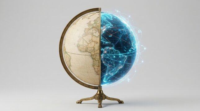 Antique Globe with Digital Connectivity, Illustrating Global Transformation and Technology