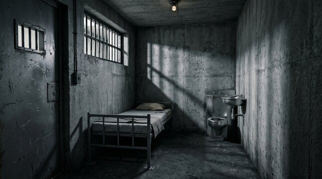 Minimalist prison cell with a metal bed, integrated toilet and sink, and barred window in a stark concrete detention center facility