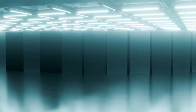 Server racks in a modern data center with bright fluorescent ceiling