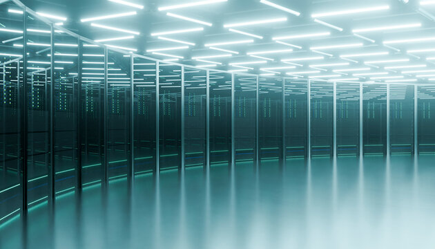 Data center interior showing rows of illuminated server racks