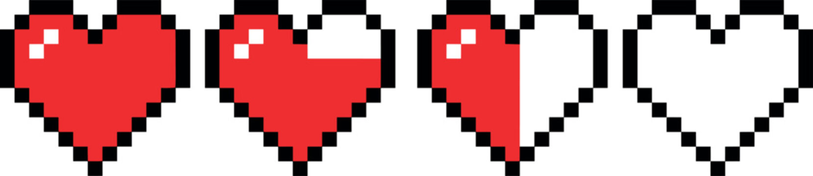 Set of pixel art heart health bar icons with full half and empty life symbols vector illustration design elements