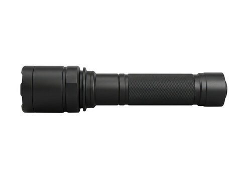 Black tactical flashlight with adjustable head and durable build against transparent background.