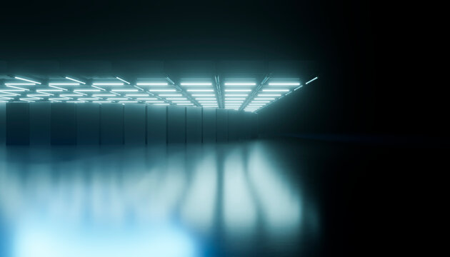 Data center with illuminated server racks and reflective floor