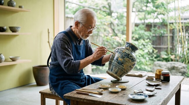 Senior Japanese artisan restoring a broken ceramic vase using kintsugi technique in his workshop