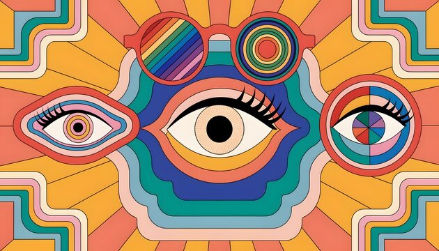Psychedelic optical illusion background pattern. Retro hippie sixties art concept. Abstract wavy lines, colorful eyes, and vintage sunglasses design