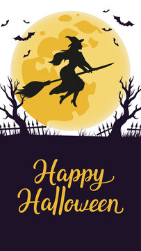 Halloween poster featuring a silhouette of a witch flying on a broomstick against a full moon, bats, and the inscription "Happy Halloween." Illustration on a transparent background