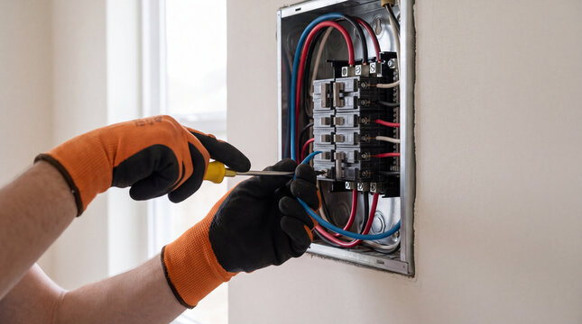An electrician is repairing wiring in an electrical panel. Concepts: electricity, malfunction, current, working with wires, electrical box, junction, breaker.