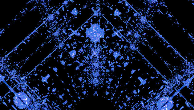 Blue crystalline fractured pattern with reflective shards on Black