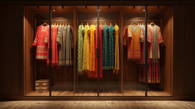Elegant glass wardrobe showcasing vibrant traditional embroidered garments in warm lighting with elegantly presenting colorful array intricately embroidered