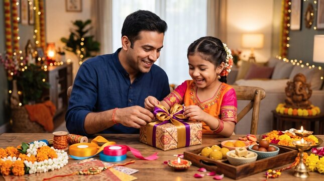 Family Celebrating Christmas with Gifts and Festive Decorations at Home.