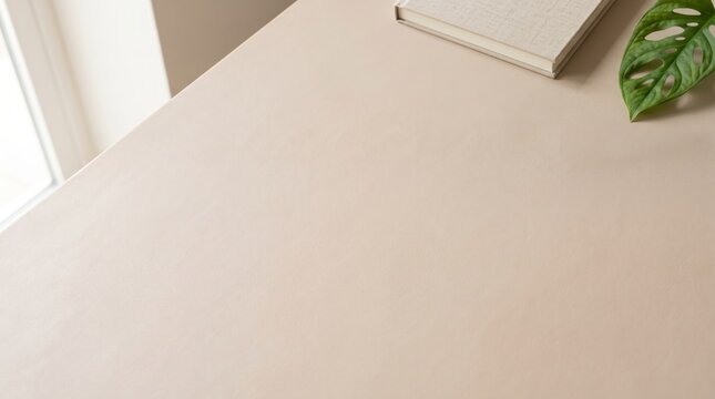 Top view of a minimalist beige leather desk mat with a linen notebook and monstera leaf copy space
