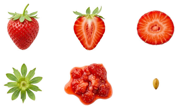 Collection of whole strawberry fruit, half slice, cross section, leaves, mashed puree and single seed isolated on white background for food and recipe concepts