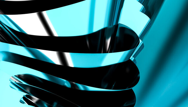 Abstract metallic blue ribbon with reflective curved surfaces