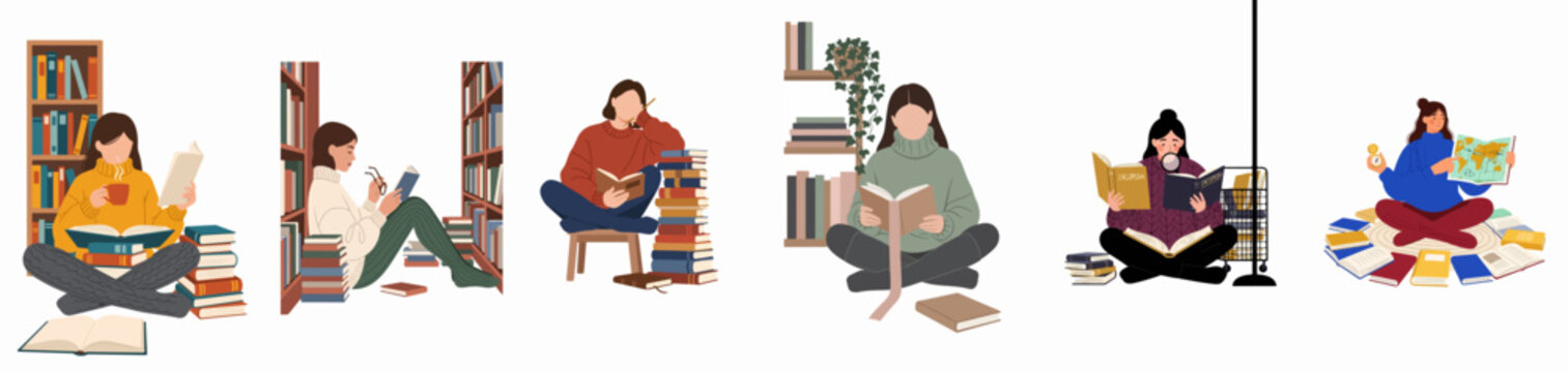 Set of flat vector illustrations featuring diverse people reading and studying with books in various cozy and library settings.
