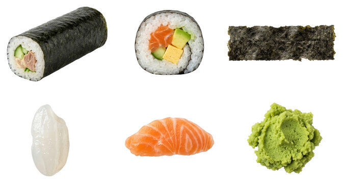 Assorted Japanese sushi rolls, salmon nigiri, wasabi and nori seaweed pieces arranged for menu or restaurant concept