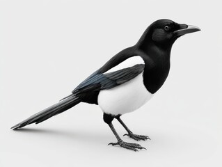 Fototapeta premium A Standing Common Magpie With Black And White Feathers Isolated On A Clean Light Gray Background