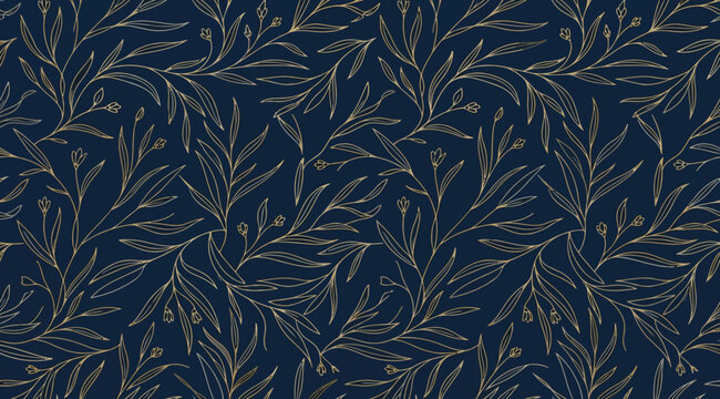 Seamless pattern with delicate golden handdrawn leaves and branches on a dark navy blue background, elegant botanical wallpaper design