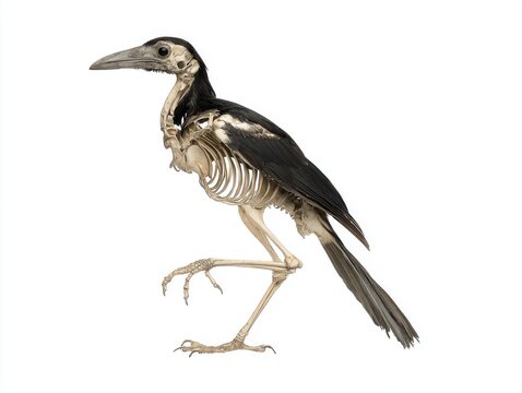 Anatomical Bird Skeleton Model Featuring Detailed White Bone Structure And Black Feathers Isolated