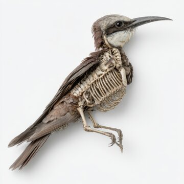 Anatomical Bird Specimen Half Feathered And Half Skeleton Isolated On Clean White Background