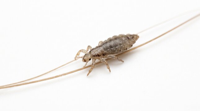 Head Louse Attached to Human Hair Strand Macro Photography Isolated on White Background