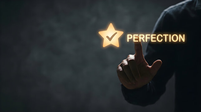 A businessman touches a glowing perfection icon with a checkmark on a dark textured background