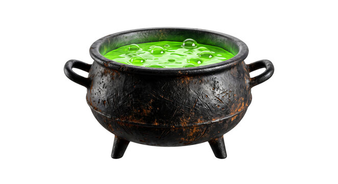 Cast iron cauldron with bubbling neon green magic potion inside isolated on transparent background file.
