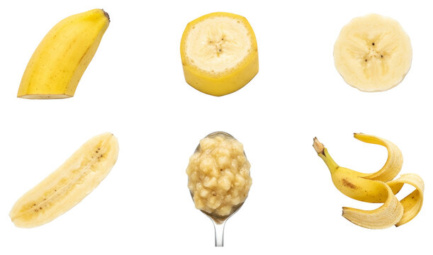 Collection of ripe yellow banana fruits, peeled sections, sliced pieces, mashed puree on a spoon and tropical snack food ingredients