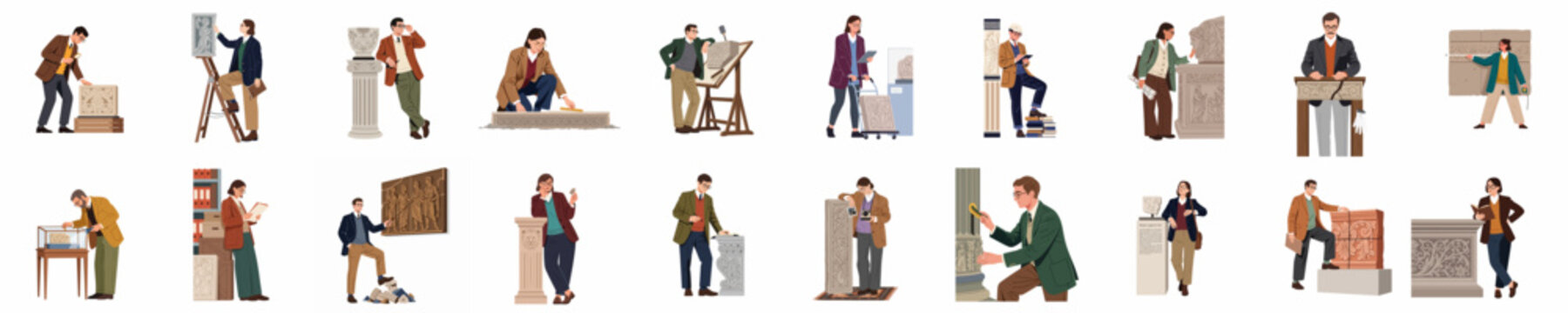 Collection of illustrated male characters interacting with classical architectural elements, statues, and drafting tools on a white background.