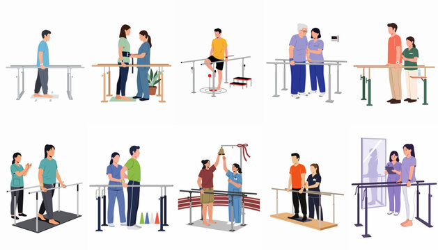 Collection of illustrations showing diverse people performing rehabilitation exercises and gait training on parallel bars with physical therapists in a clinical setting.