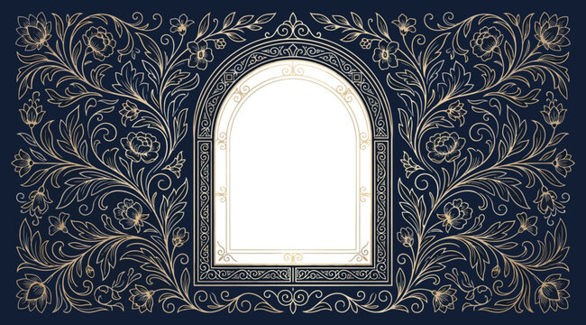 Elegant rectangular frame with intricate gold floral filigree and botanical vines on a dark navy blue background, ornate arch design for luxury invitations and sophisticated event stationery