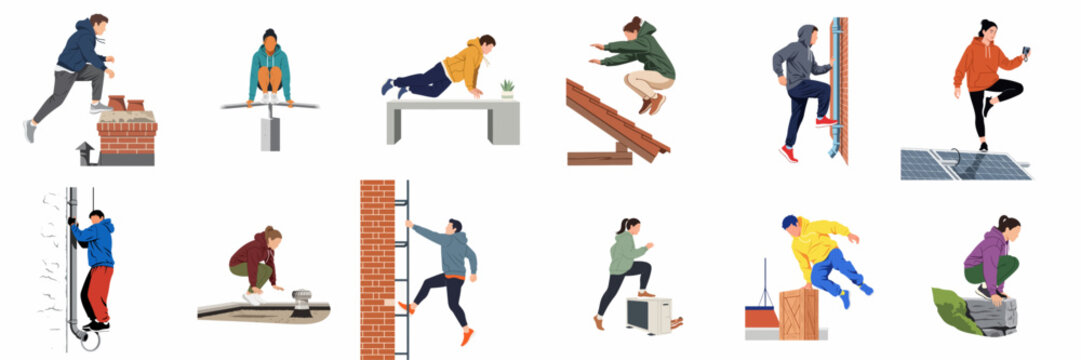 Collection of flat vector illustrations depicting people performing parkour and free-running movements in an urban setting, isolated on a white background.
