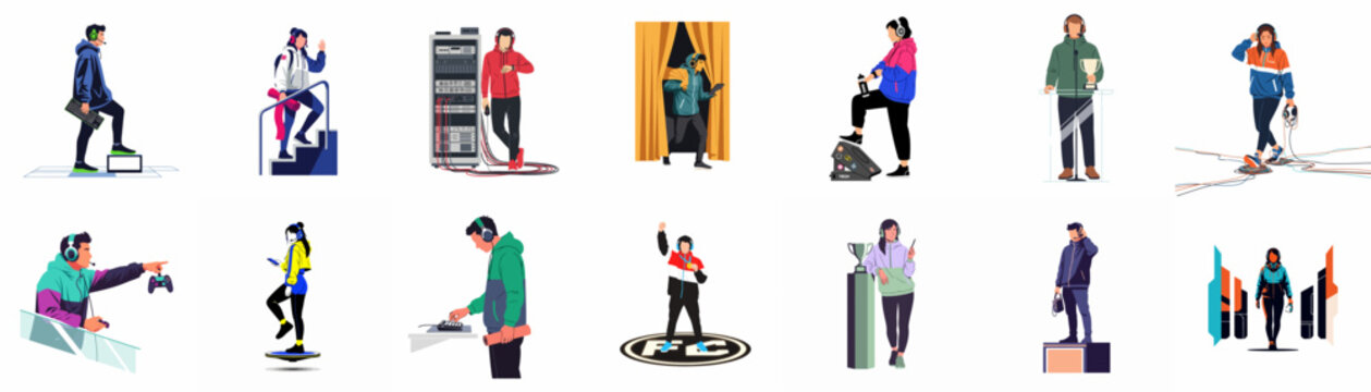 A diverse collection of stylized vector character illustrations representing modern youth culture, gaming, music, and urban lifestyle activities on a white background.