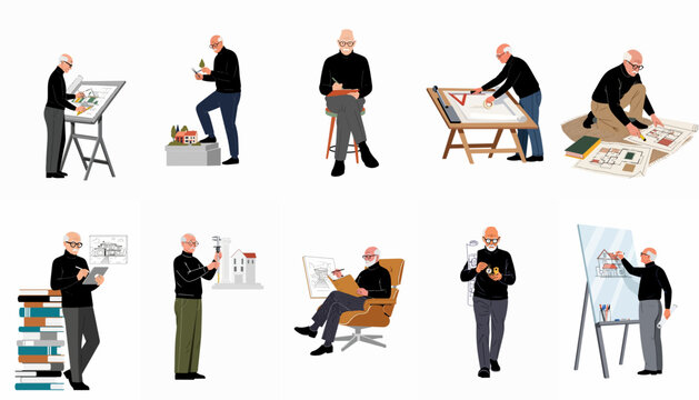 Set of flat illustrations featuring an architect at work, designing buildings, sketching on drafting tables, and reviewing models on a white background.