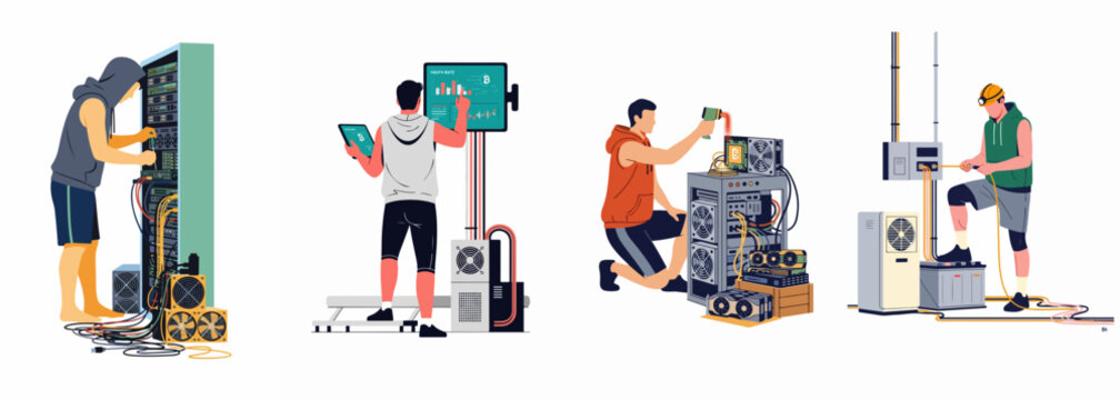 Flat design illustrations featuring various technicians and engineers working on computer hardware, server maintenance, and cryptocurrency mining rig installations.