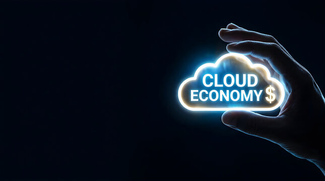 A hand holding a glowing cloud icon with cloud economy text on a dark background